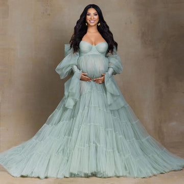 Mqtime  Elegant Tulle Maternity Dress for Photoshoot Ruffle Puff Sleeves Bridal Robe Maternity Gowns Green Pregnancy Photography Dresses